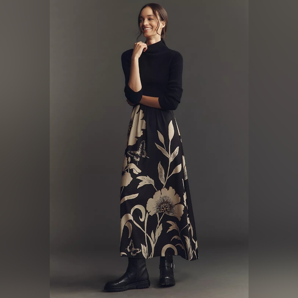 Anthropologie Thea Twofer Long Sleeve Maxi Dress In Black Floral Size Large NWT